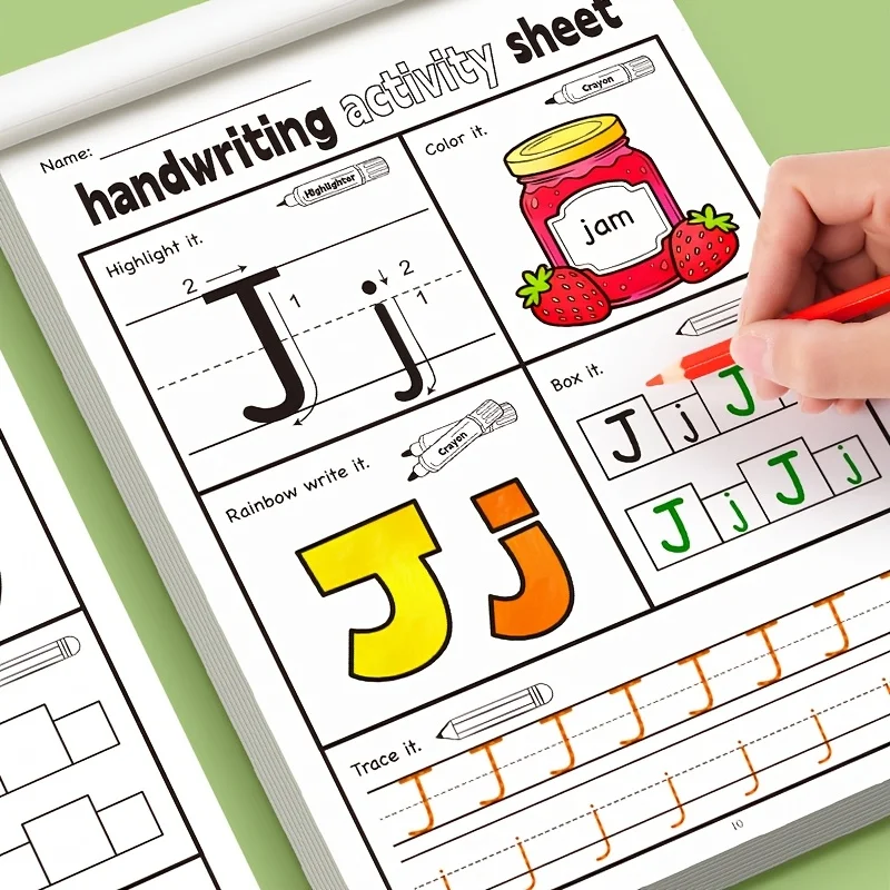 32 páginas, cuaderno de ejercicios del alfabeto inglés, ayudas para la escritura, entrenamiento de control del lápiz del alfabeto inglés, juegos divertidos del alfabeto, libro de actividades interactivas para colorear, libro de práctica del alfabeto