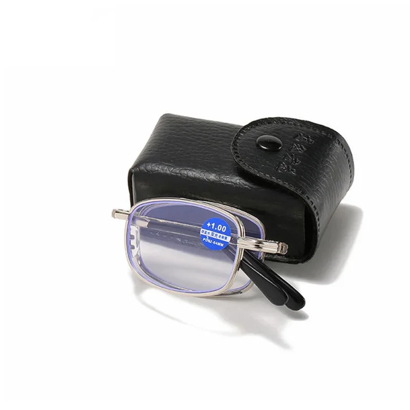 New Metal Frame Folding Reading Glasses For Men And Women Anti Blue Light Gold And Silver Full Frame PC Lens With Leather Case image 4