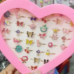 36Pcs/Box New Kids Rings Princess Children Girls Crystal Flower Alloy Finger Ring Child Jewelry Gift Adjustable Rings