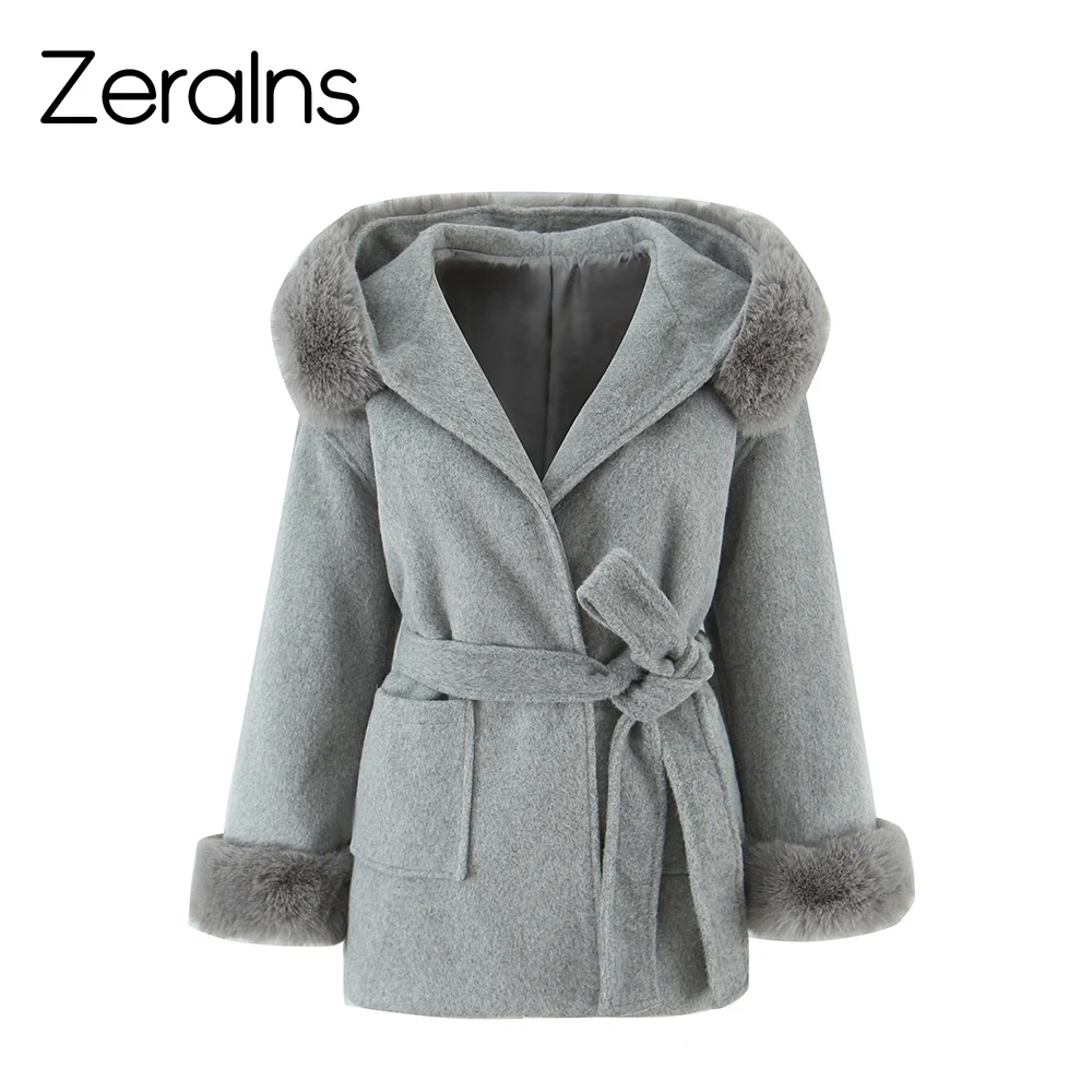 

ZERAINS зимнее свободное повседневное шерстяное пальто со съемным плюшем, модное толстое теплое пальто среднего размера с капюшоном