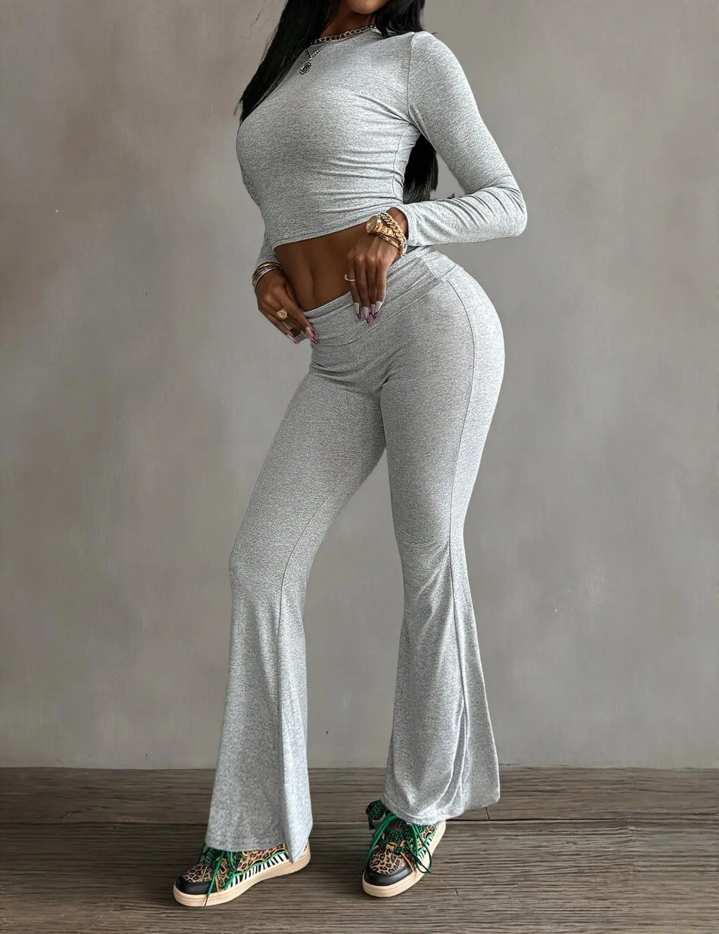 Women's Spring Autumn Sports Tracksuits Outfit High-neck Long-sleeve Top And Flared Pants Two-piece Set