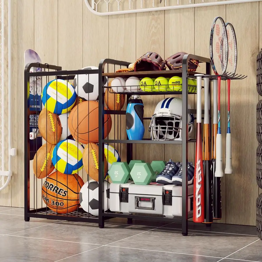 

Sports Equipment Organizer, Ball Storage for Gear and Toys, Large Capacity, Sports Organizer for Garage with Hooks and Baskets