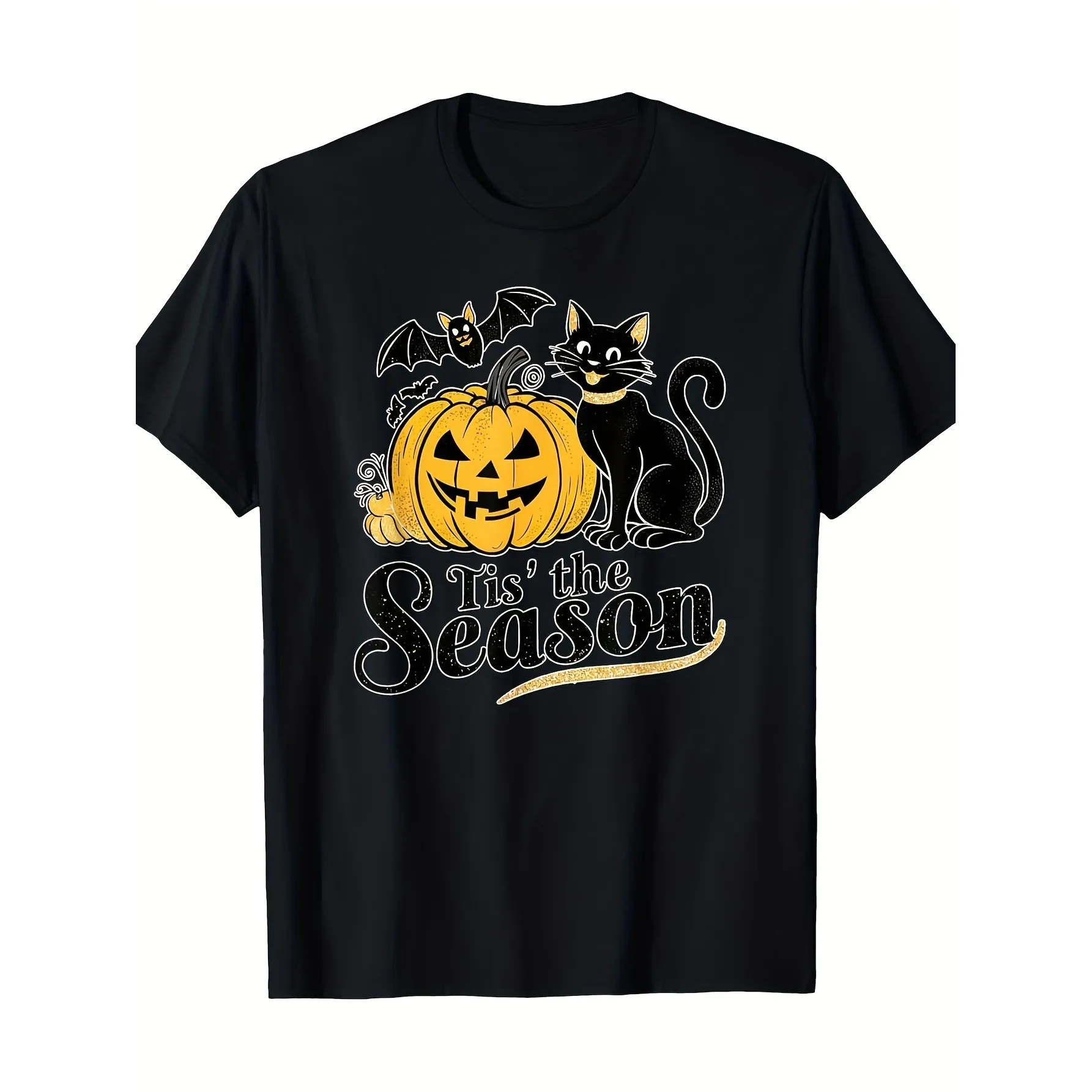 Men's Vintage Halloween T-Shirt - Funny Tis The Season Bat, Black Cat & Jack-O'-Lanterns Graphic, Loose Fit