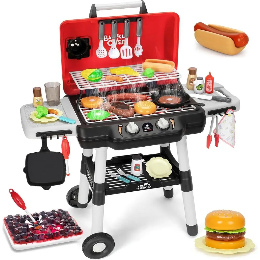 Kids Play Kitchen Toys, BBQ Grill Playset with Smoke Sound Light, 2-Layer Barbecue Toy with Wheels, Outdoor Play Food Toys Cooki