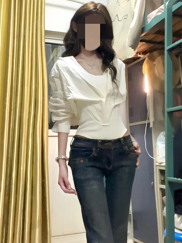 

Slim Fit Neck Shirt Women's Summer Thin Waist Cinched Hot Girl Design Pure Desire False Two-Piece Blouse
