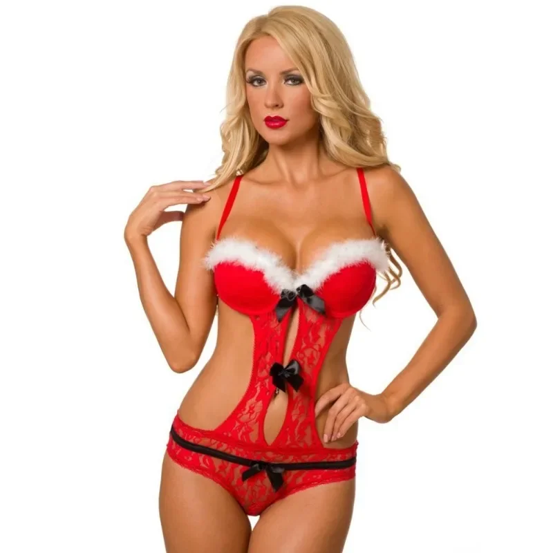 Women Sexy Red Lingerie Christmas Santa Cosplay Erotic Costumes Set Women Sexy Lingerie Bra Skirt Suit Sex Lace Sexy Sleepwear