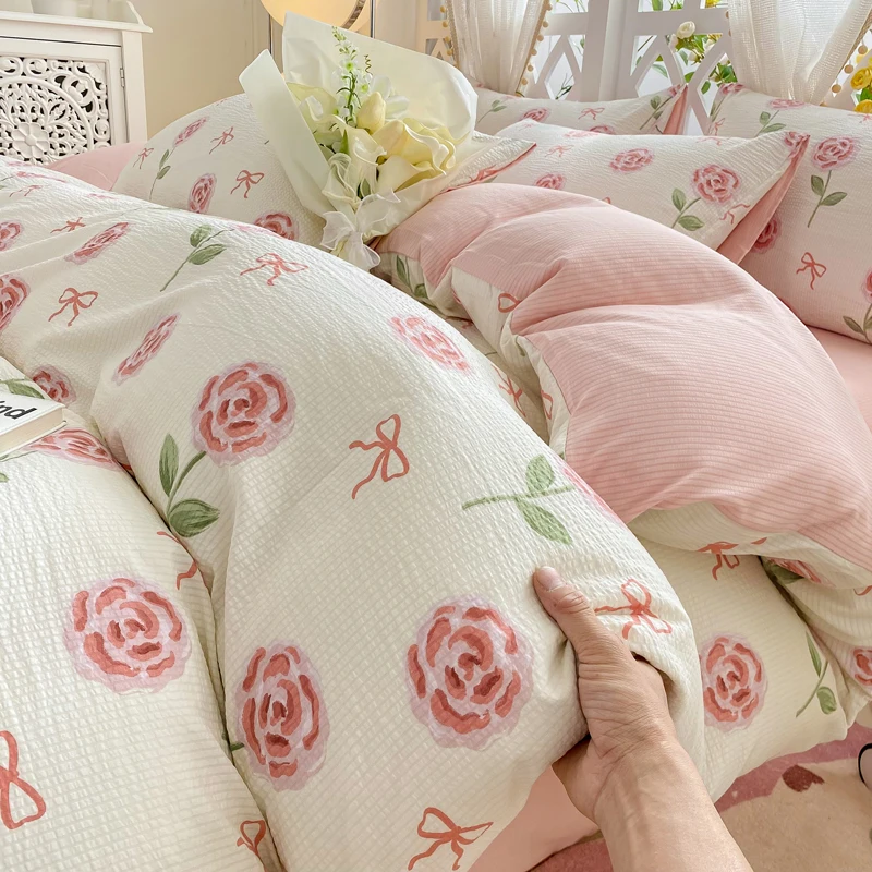 

Pastoral Girls Flower Bedding Sets Soft Washed Cotton Bed Linens Flowers Quilt Cover Sheet Simple Bedspread Woman Home Textiles