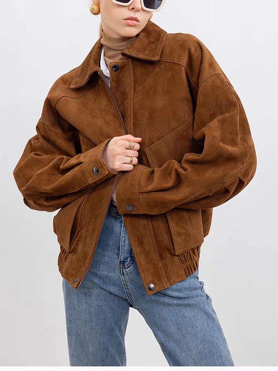 Retro High End Imported Soft Suede Leather Bomber Jacket Woman Square  Sleeve Big Pocket 100% Kid Suede Coat Top