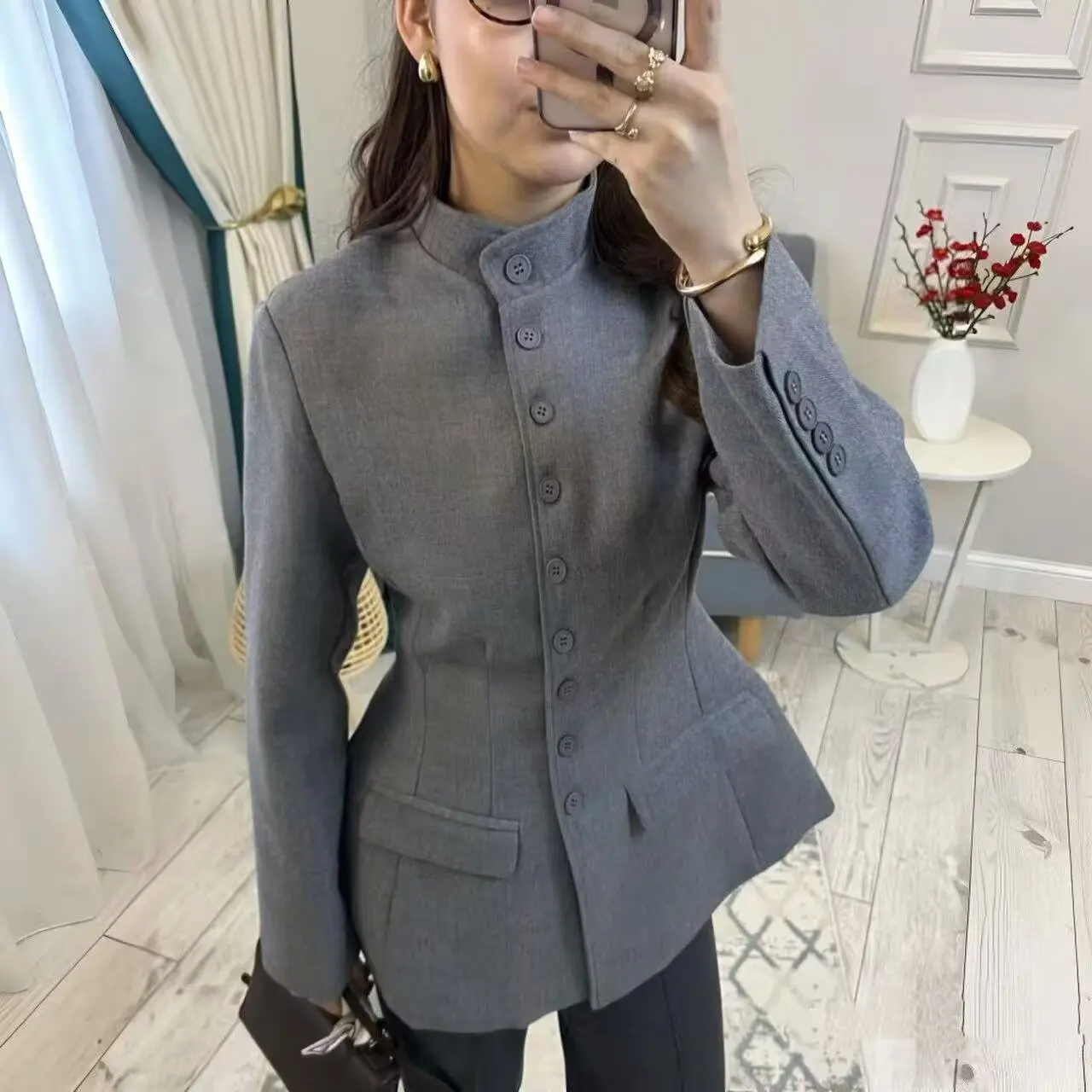 Early Autumn New Arrival Women's Fashion Simple Versatile Cross-Border Stand Collar Waist-Cinching Suit Jacket Polyester Fiber