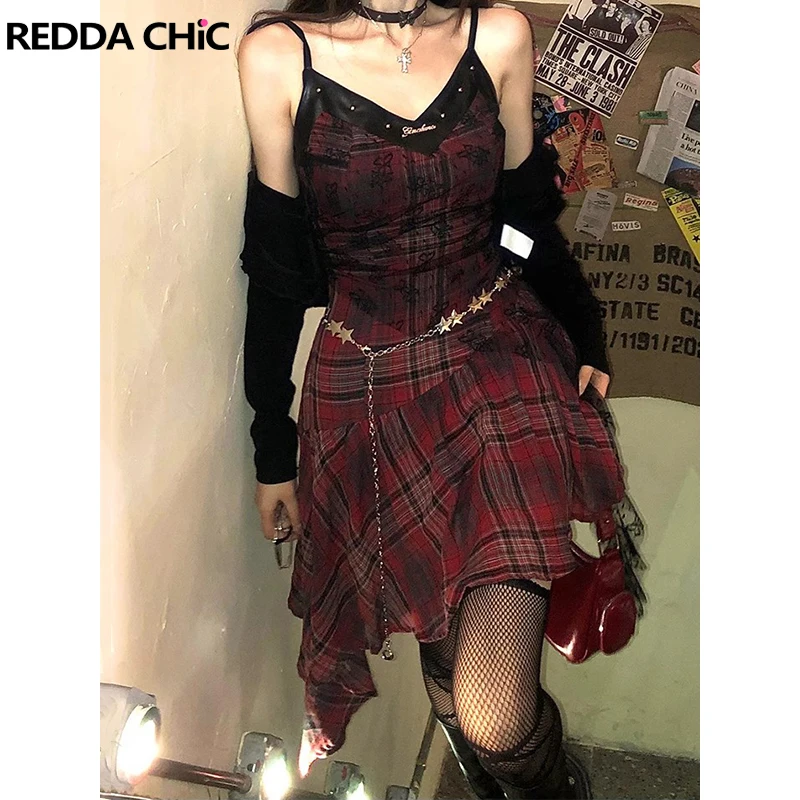 REDDACHiC Asymmetric Ruffle Mini Plaid Dress Women Leather Lace Spliced Studded V-neck Camisole Dress Steampunk Vintage Clothes