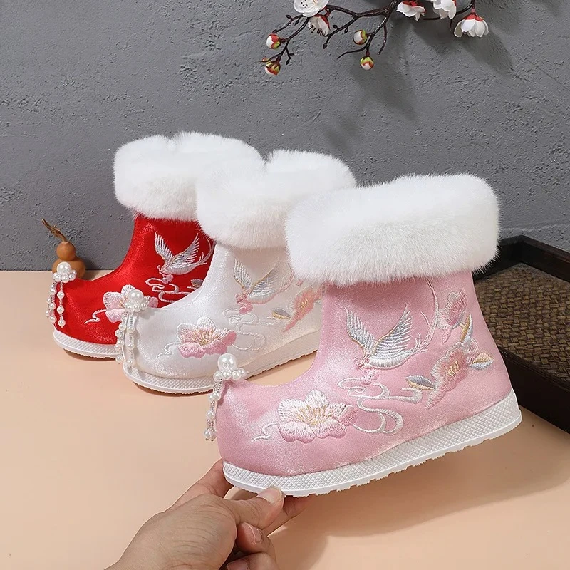 

Kids' Hanfu Boots | Chinese Style Embroidered Shoes | Plush-Lined Winter Cotton Boots for Girls