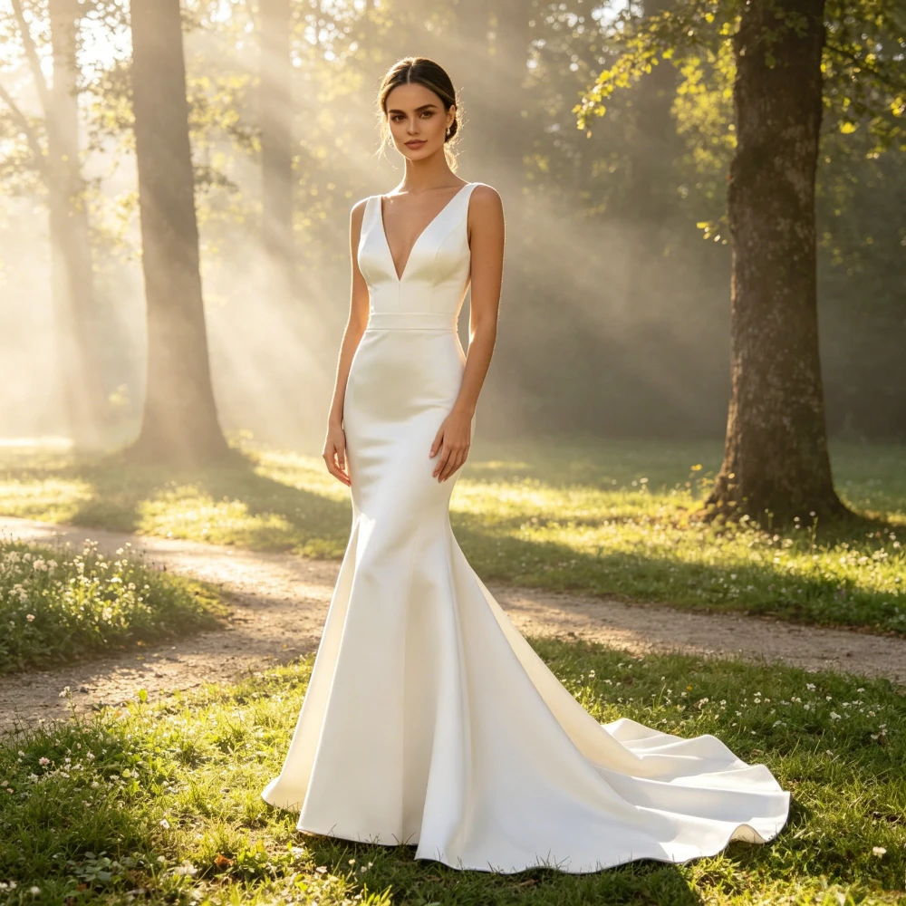 Customized Summer Sexy Deep V-neck Sleevelesses Satin Fishtail Wedding Dresses 2026 White Simple Slim Fit Backless Bridal Gown