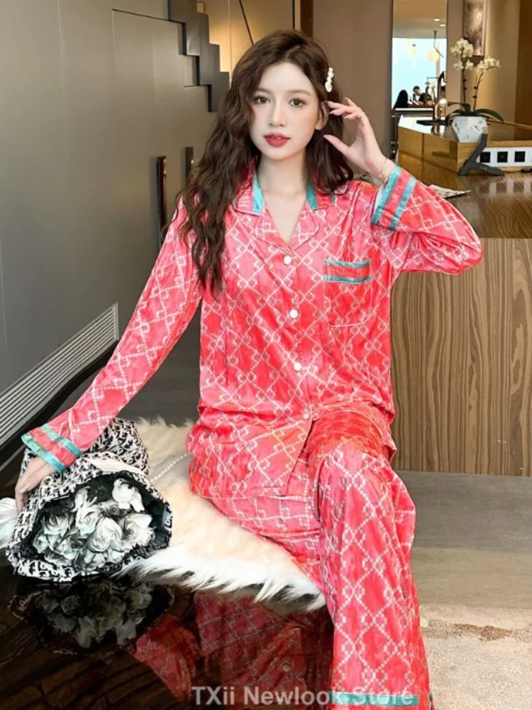 TXii New Designer Style Autumn and Winter New Gold Velvet Pajamas Women\'s Suit Trousers Home Clothes High-end Sense Home Clothes