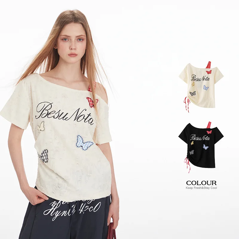 

Hot Girl Off The Shoulder Sexy Bow Embroidered T-shirt Women's Summer New Short-sleeved Top