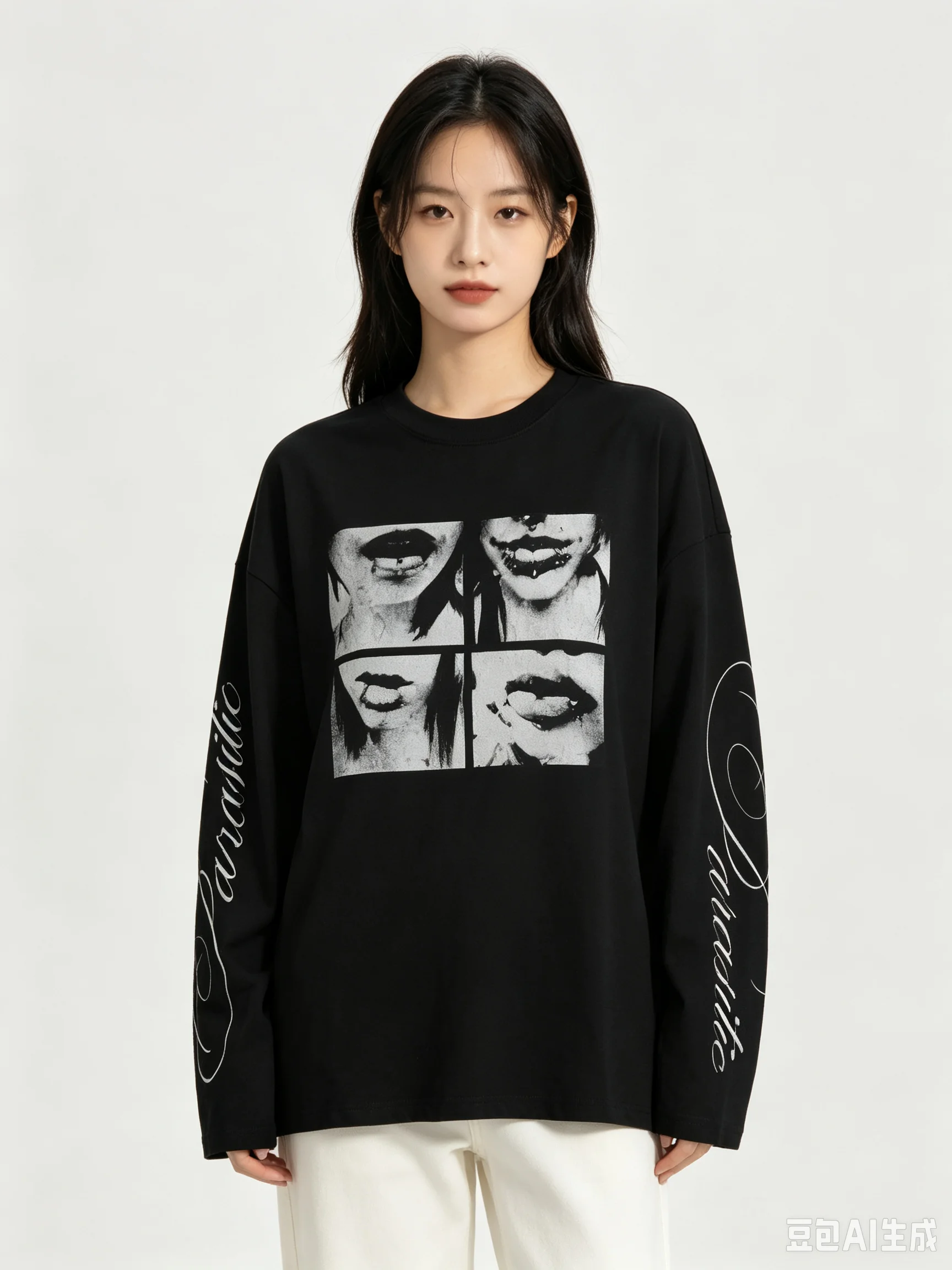 Y2K Goth Punk Collage Lips Graphic Oversized Cotton Long Sleeve Tee Women Dark Aesthetic Crew Neck Casual T‑Shirt Unisex Street
