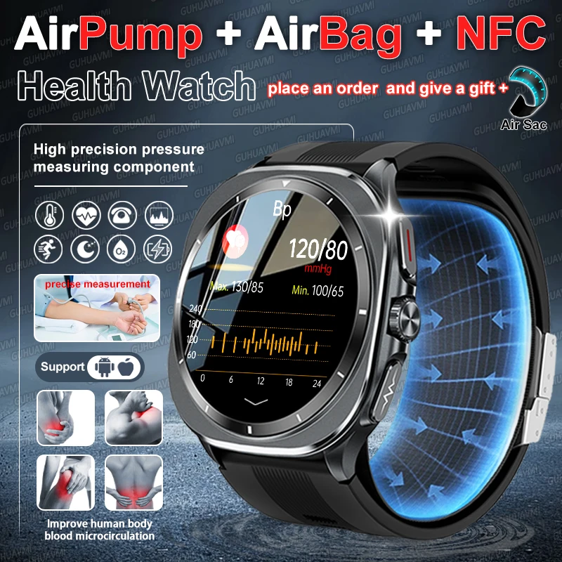 

2026 New Air pump Airbag Blood Pressure Measure SmartWatch ECG+NFC Blood Lipids Health Monitoring Bluetooth Call Smartwatch Men
