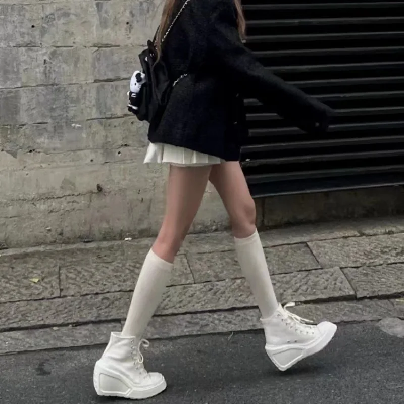 أحذية نسائية قماشية للفصول الأربعة، ربطة رأس مستديرة جديدة، أحذية عالية الكعب بكعب منحدر خفيفة الوزن وسميكة من الأسفل #6