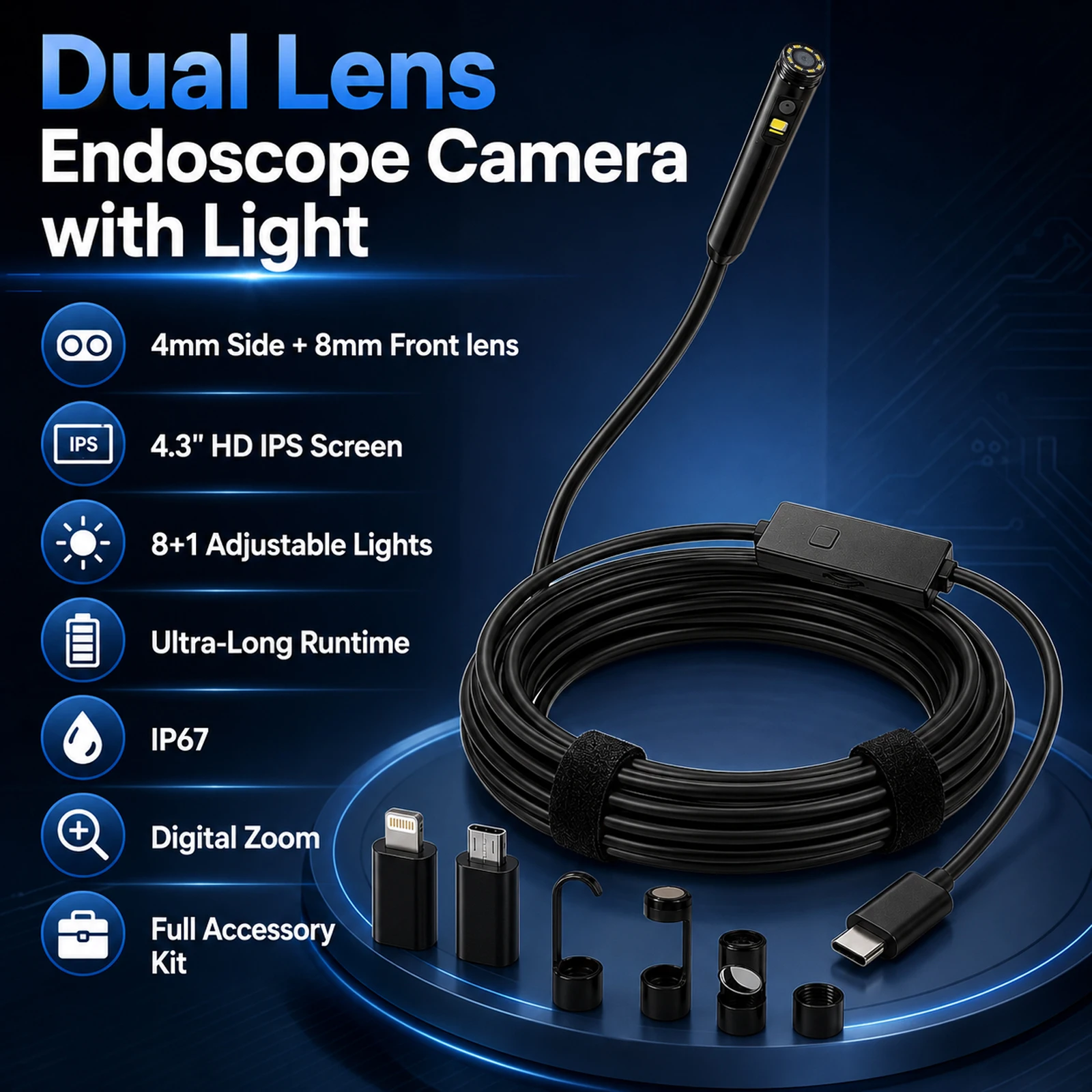 Dual Port Endoscope Camera For iPhone iOS Android 1920P HD 3-in-1 Borescope Waterproof Automotive Engine Sewer Inspection Tools