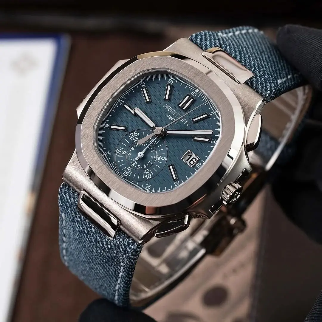 25mm Hand-Made Fabric Leather Watch Bands Fit For Patek Philippe Nautilus PP5711/5726/5980 Denim Notch Watch Strap