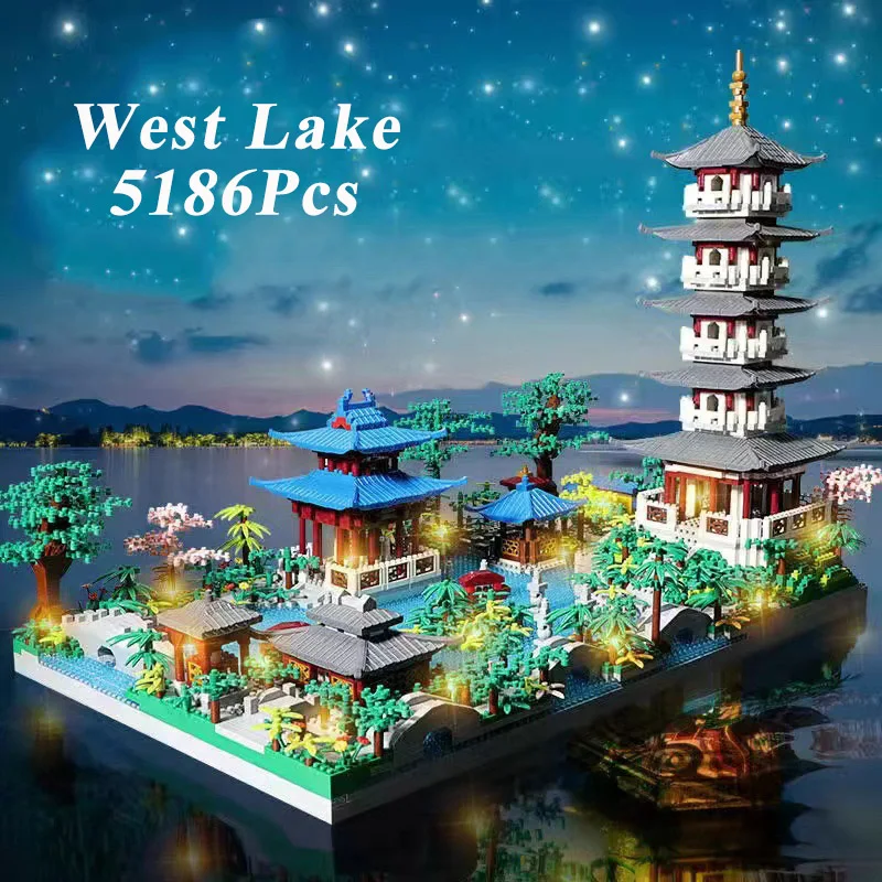 

Diamond Chinese Architecture West Lake Tower Oriental Garden Model Building Blocks Crescent Spring Landscape Bricks MOC Toy Gift