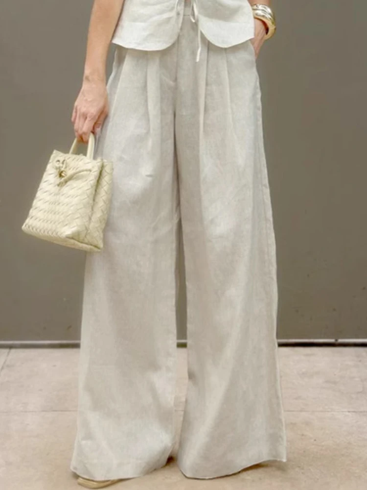 Mueyaruho Women 2025 Summer Office Pant Set Suits Solid Beige Outfits 2 Two Piece Wide Leg Matching Set For Women