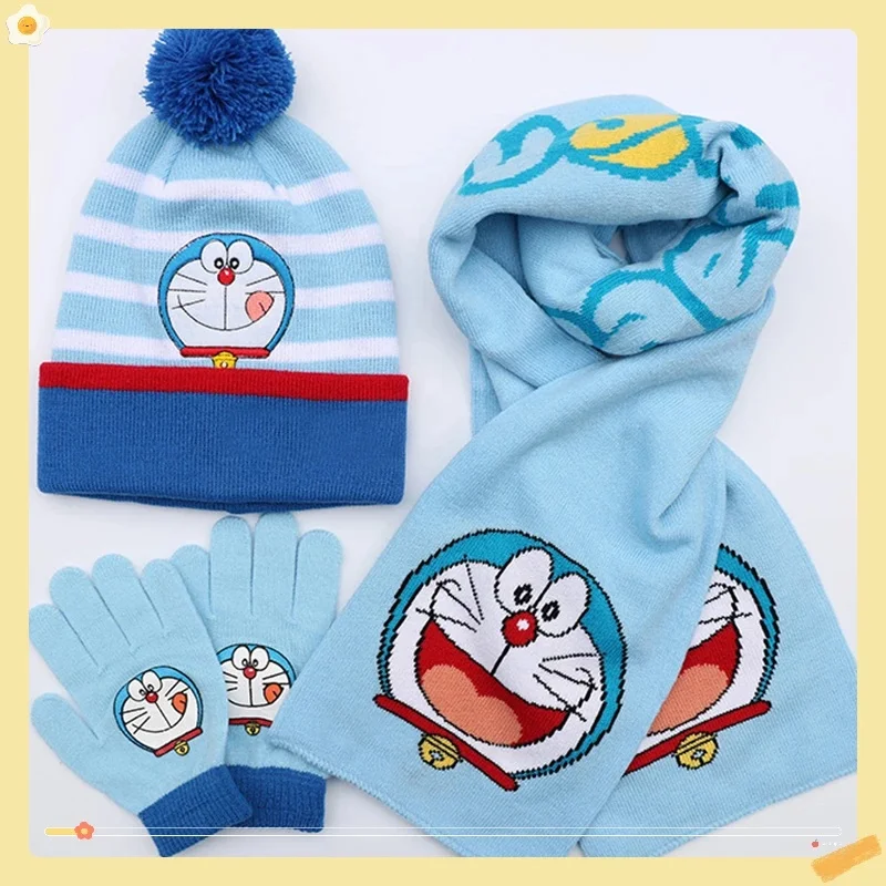 Anime Doraemon Autumn/Winter Machine Cat Children's Hat, Scarf, Glove, Dingdang Cat Baby, Children's Knitted Wool Scarf