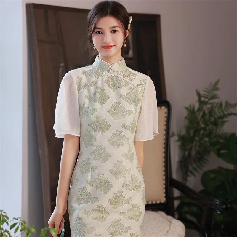 

2023 Summer Composite Lace Mid-length Cheongsam Skirt Fresh Elegant Fashion Qipao Chinese Traditional Evening Dress for Women