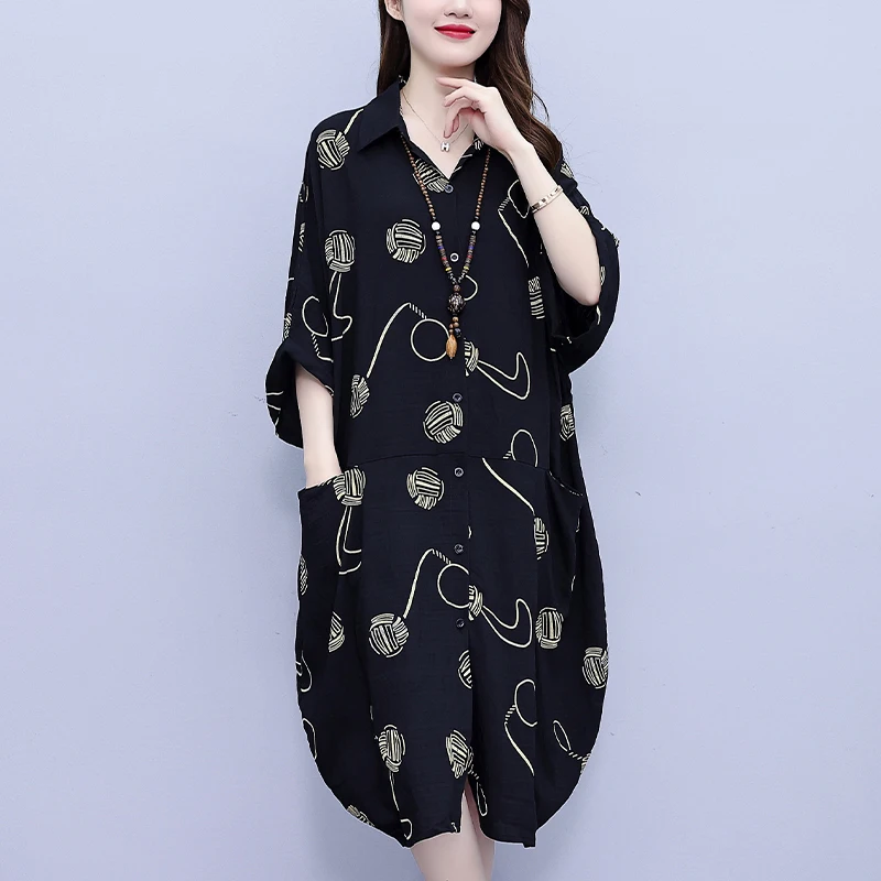 

#7925 Black Vintage Pinted Asymmetrical Shirt Dress Batwing Sleeve Loose Korean Fashion Split Joint Streetwear Front Buttons