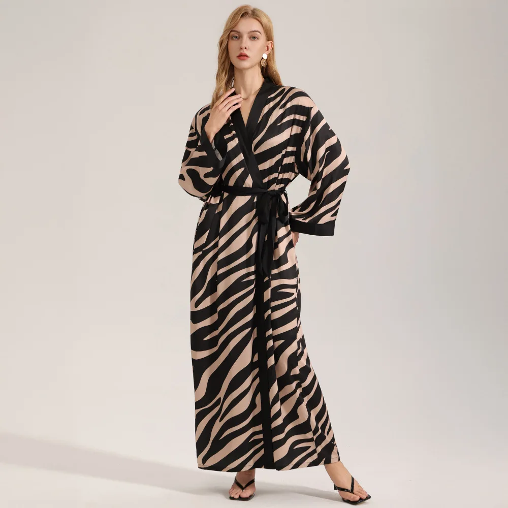 Female Striped Long Robe Sleepwear Spring Summer Kimono Bathrobe Loose Casual Silk Satin Home Dress Lounge Wear