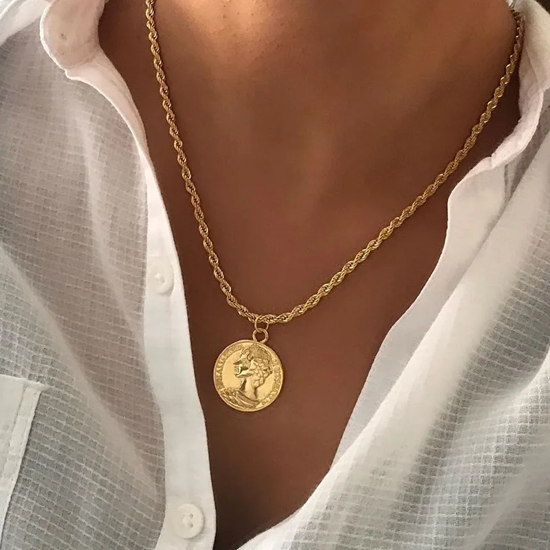 luxury coin necklace  High quality Antique jewelry collar gold plated queen elizabeth coin pendant necklace