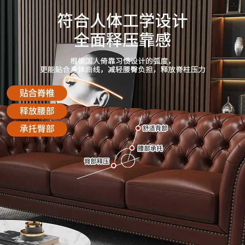 Leather sofa first layer cowhide light luxury rural retro living room furniture pull button oil wax leather antique sofa