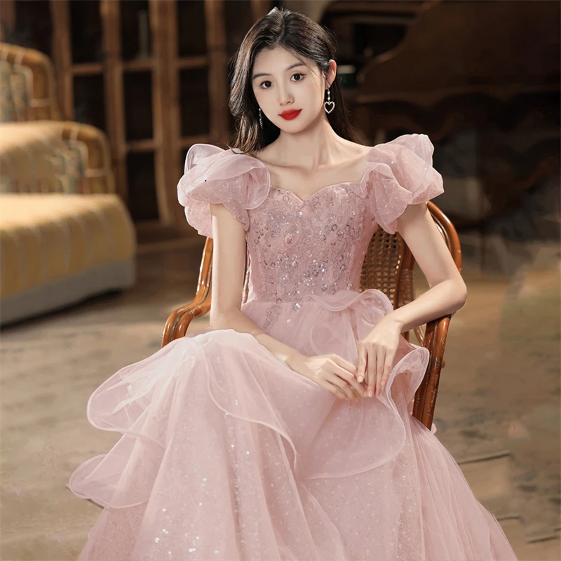 

Evening Dress French Temperament Socialite Dress Light Luxury High-End Host Art Exam Super Fairy Pink Party Off-Shoulder Women's