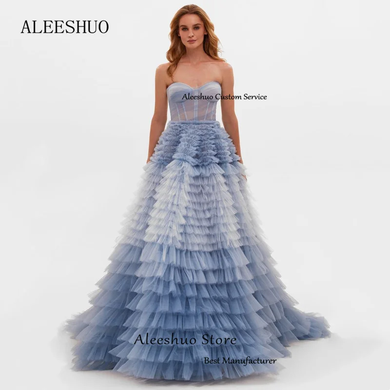 Aleeshuo Sky Blue Ball Gown Prom Dress Strapless Tulle  Backless فساتين السهرة Elegant Backless Lace Up Long Train Evening Dress