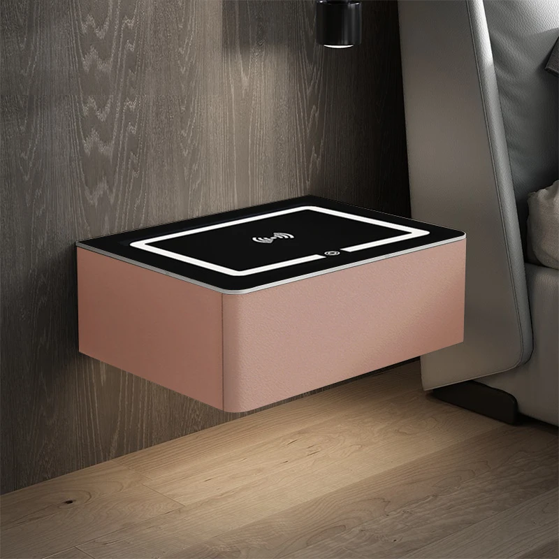 طاولة سرير ذكية لاسلكية USB شحن طاولة ليلية خشب رمادي منضدة عائمة معلقة على الحائط
