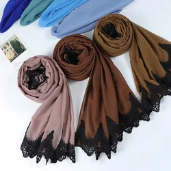 Black Lace Bubble Plain Chiffon Embroidered Hijab Scarves 28 Colors For Muslim Women