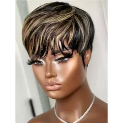 Highlight Short Pixie Wig Human Hair Ombre Honey Blonde Human Hair Wigs for Women #1b27 Highlighted Full Machine duby Daily Wig