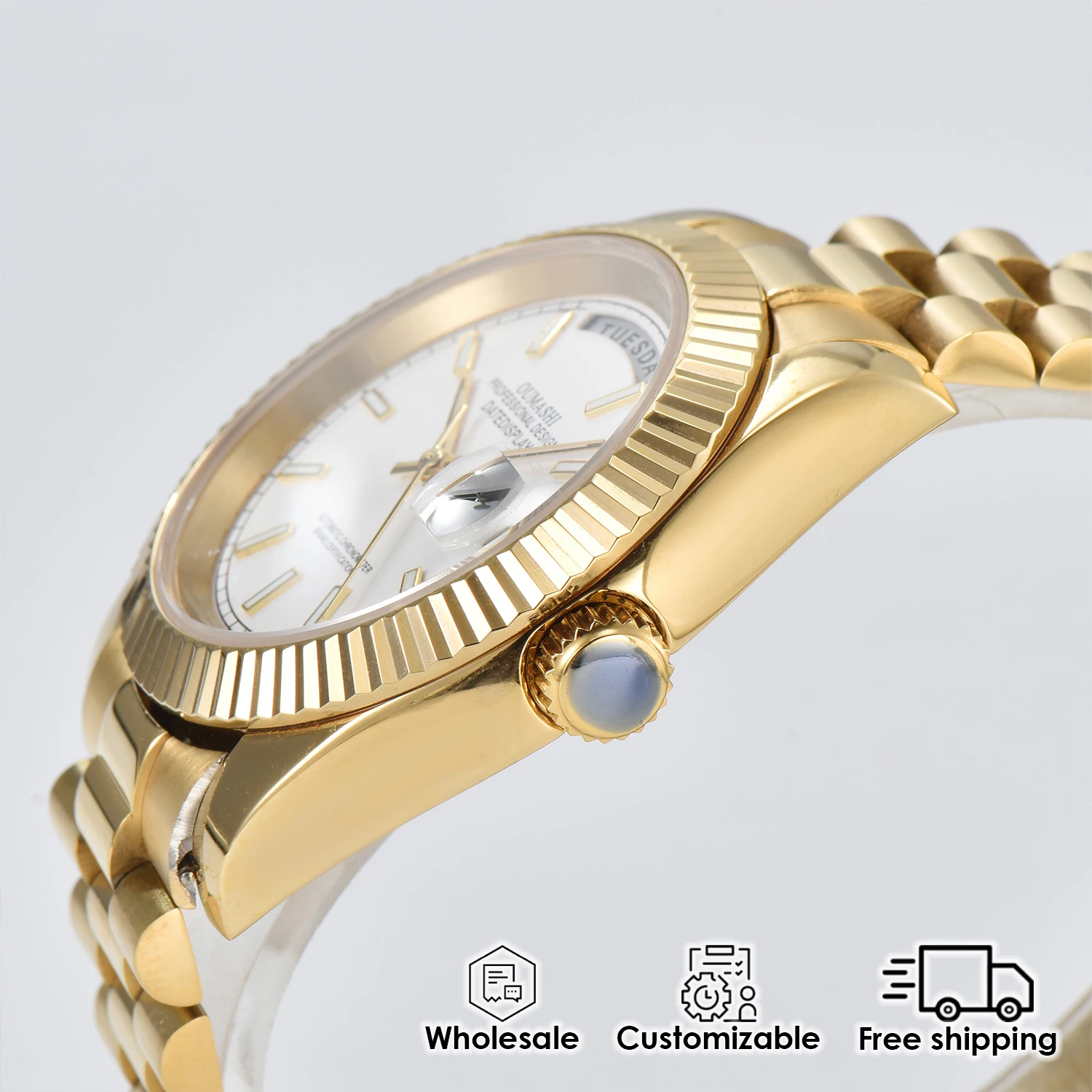 ساعة رجالية ذهبية 39 ملم مع حركة ميكانيكية أوتوماتيكية MIYOTA8285 وعرض التاريخ/اليوم، ساعة عمل فاخرة