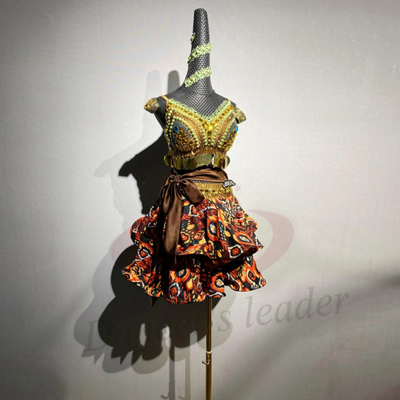 Latin Dancers, Adults, Children, High-End Customized Pearl Dresses, Ethnic Style Printed Tango Samba AB Stone Performance Dress
