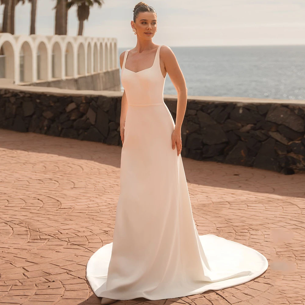 

Simple Women Square Neck Jersey Sheath Wedding Dress with Deep U Back Elegant Customized Sleeveless Court Train Bridal Dress