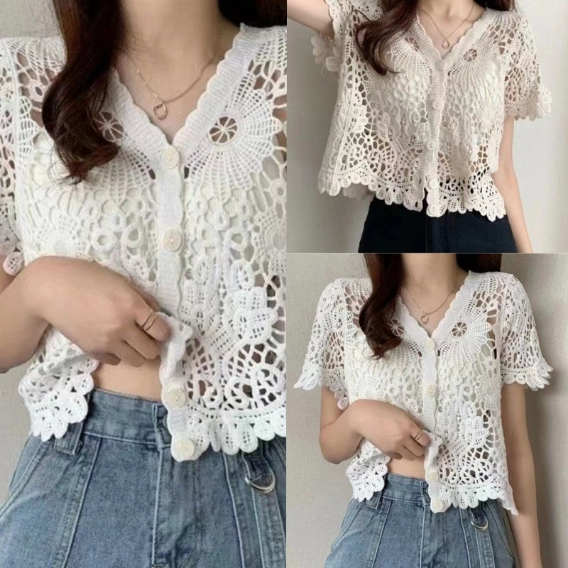 

Women's Hollow Out Crochet Lace Open Front Cardigan Sexy V-Neck Short Sleeve T-Shirt Cardigan Summer Crop Top Outwear