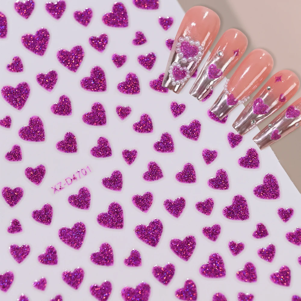 5D Valentinstag Lila Glitzer Liebe-Herz Nagelaufkleber Gemischte Größen Süße Herz Nagelaufkleber Selbstklebende Maniküre Dekoration