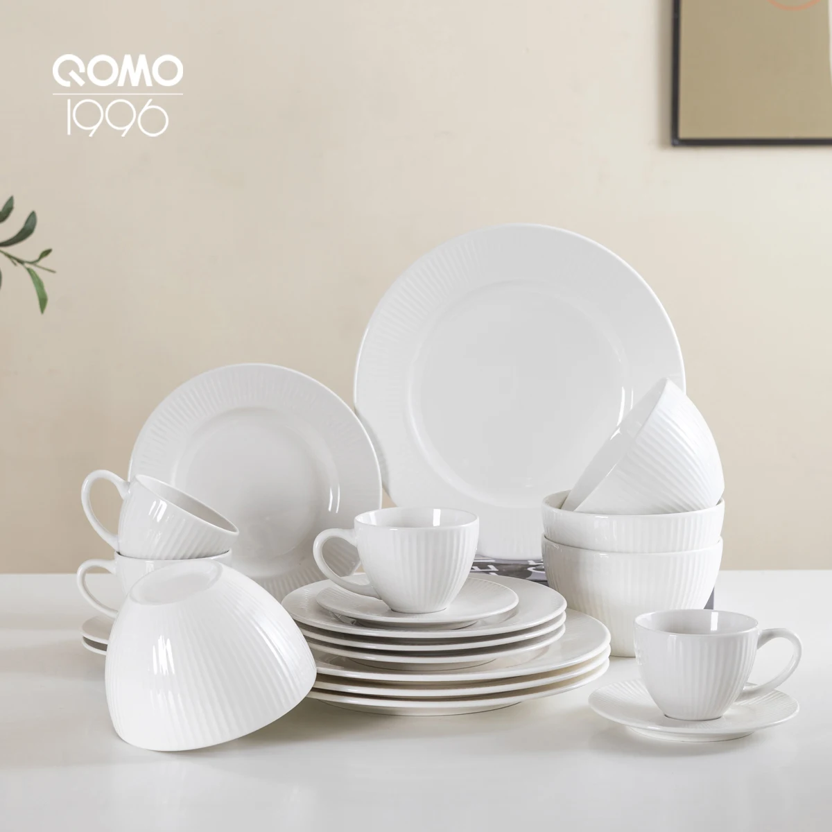 QOMO 24/36/48 Piece White Porcelain Dinnerware Set with Dessert Plate,Dinner Plate,Cup,Bowl Tableware Set