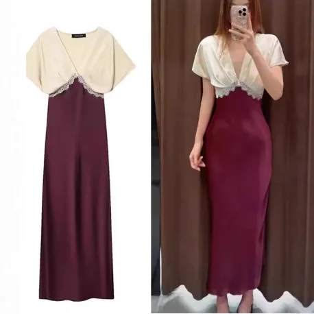 Female Clothing Dresses For Woman 2026 Women's Spring Long Dress New Elegant V-neck Temperament Lace Silk Satin Long Dress Robe