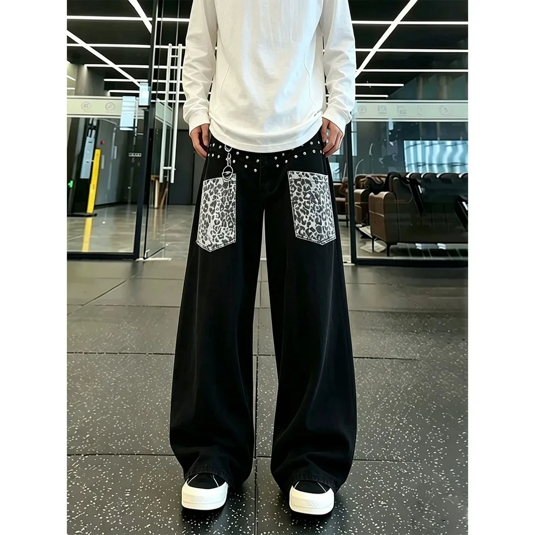 Retro American High Street Style Men's Jeans with Rivets Leopard Print Patchwork Straight Leg Wide Leg Trendy Pants