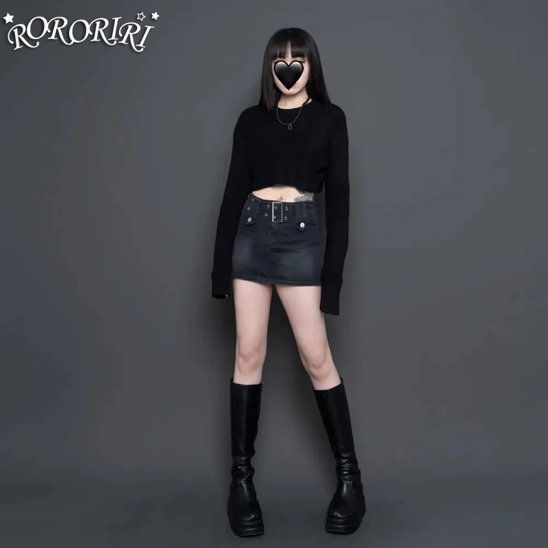 

RORORIRI Women Belted Denim Mini Skirt Pants 2-in-1 Vintage Black Low Rise Solid Sexy Bodycon Jeans Skorts Grunge Y2k Streetwear