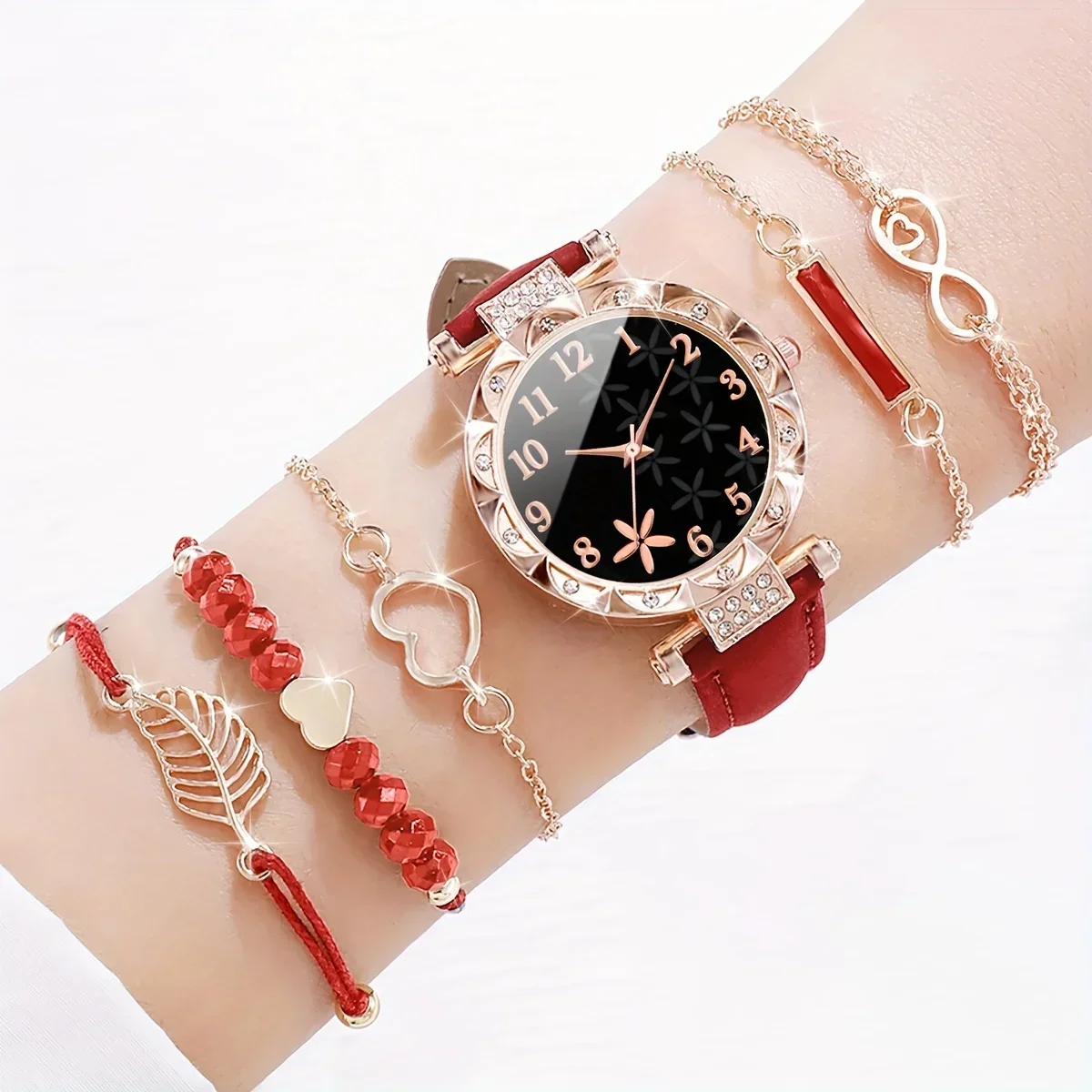 6 Pcs Red Quartz Watches PU Leather Strap Zinc Alloy Pointer And Bracelet Jewelry For Women Not Contain Watch Box