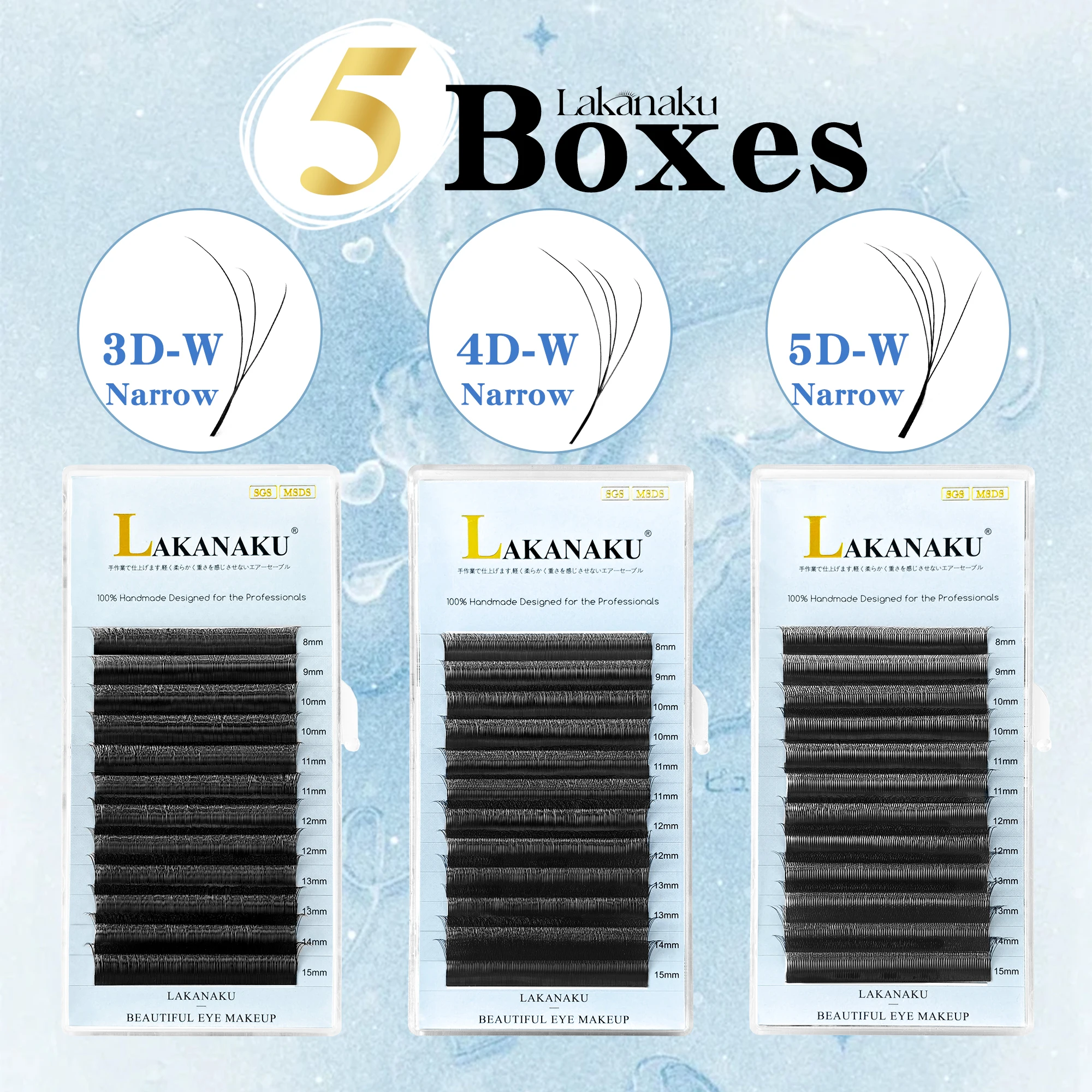 LAKANAKU 5 Trays Narrow 3D/4D/5D W Eyelashes Extension Premade Fans W Shaped Soft Matte Black Easy Pick Up False Lashes