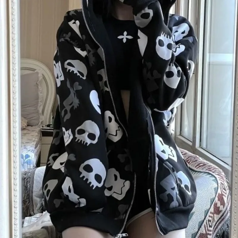 Subculture Punk Streetwear Autumn Winter Skull Print Hoodie with Hooded Woman Casual Zipper Coat Black Rock Cool Sweatshirts