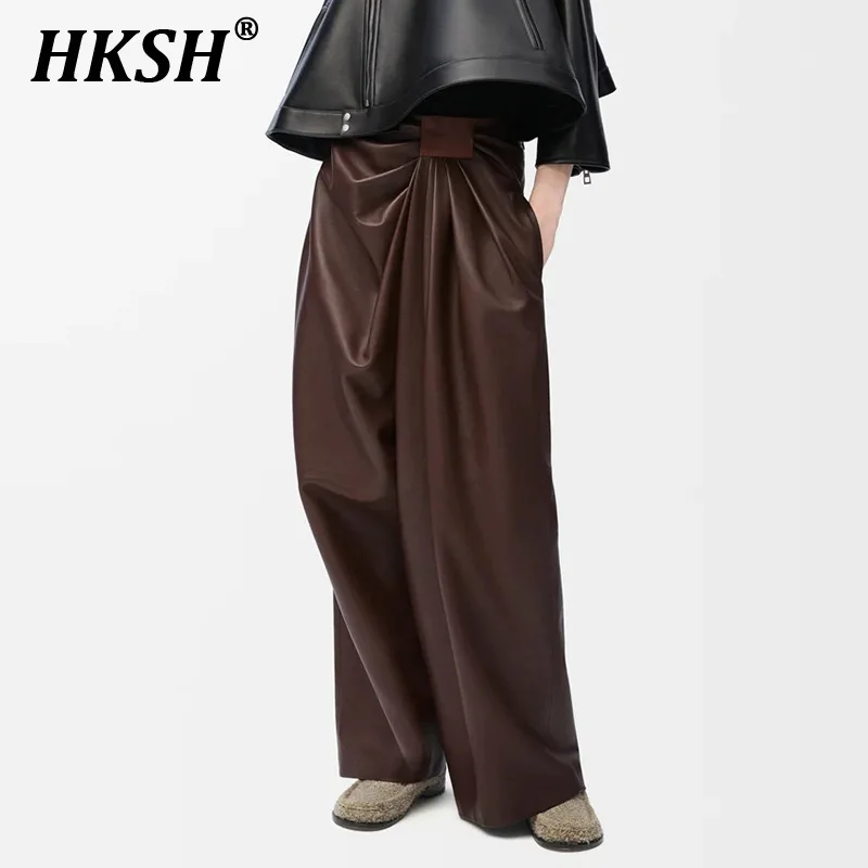 

HKSH Summer New Women Ins Tide Chic Streetwear Punk Fashion Casual Pleated High Waist Stylish Straight Long Leather Pants HK5987