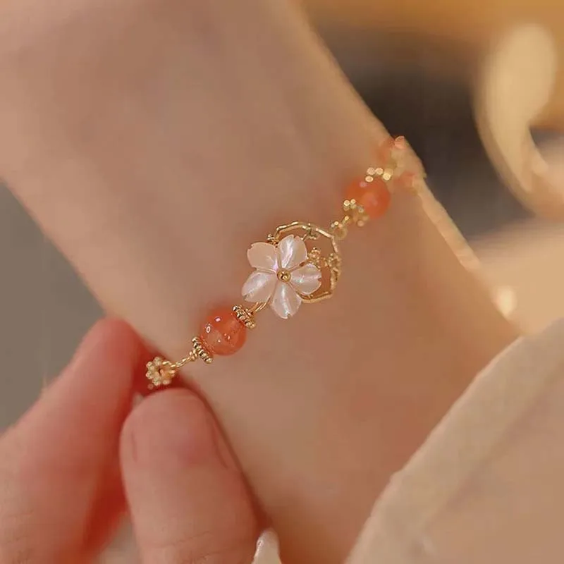 Fashion Red Flower Beaded Bracelet For Women Vintage Elegant Flower Charm Bracelet Jewelry Party Gift